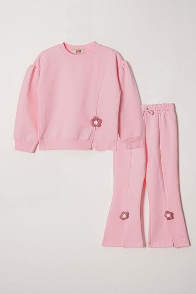 zepkids Crew Neck Long Sleeve Slit Gowns Detailed Long Sleeve Light Pink Color Girl's Tracksuit Set