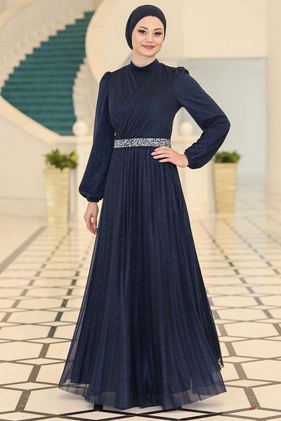 SUBU TASARIM Navy Blue Dila Evening Dress - Tbssn44 Model
