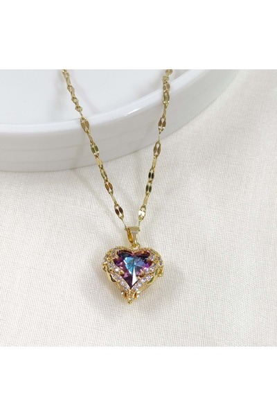 Güler Yüzlü Silver Steel Purple Stone Heart Pendant 1.5 cm