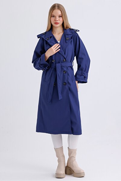 MD trend Kadın Kuşaklı Yaka ve Kol Detaylı Cepli Astarsız Mevsimlik Kruvaze Trençkot