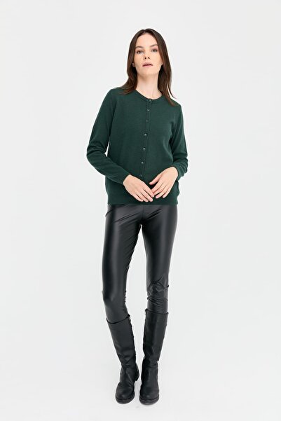 Desen Triko Green Women's Knitwear Wool Cardigan - Crew Neck