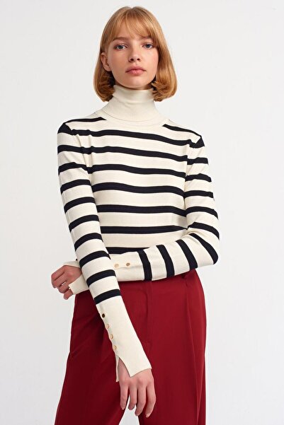 Dilvin Turtleneck Cream Striped Sweater 10432-2K5