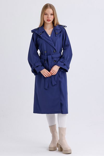 MD trend Women's Belted Collar and Sleeve Detailed Pocket Unlined Seasonal Double Breasted Trench Coat