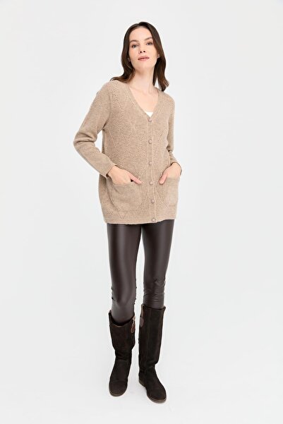 Desen Triko V-Neck Beige Wool Cardigan with Baklaval Buttons - Women