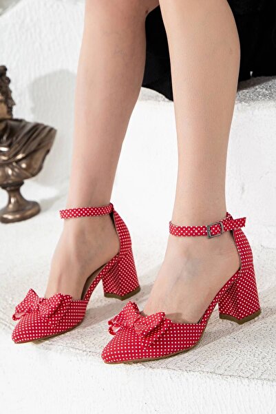 GULT Pantofi de vară cu papion, cu toc scurt, gros, roșu, buline