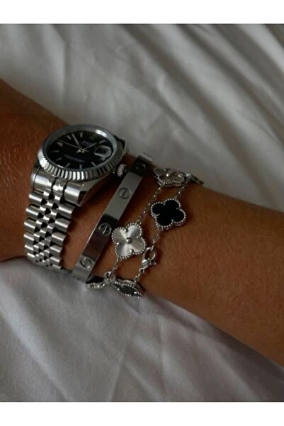 ANGELSS JEWELLERY Üçlü Kombin Gümüş & Siyah * Bileklik Marka Model Kelepçe Bi...