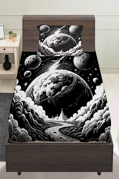 Else Dekor Ασπρόμαυρο Space Moon Planet Παιδικό Σετ σεντόνια μονό με επένδυση 100x200cm