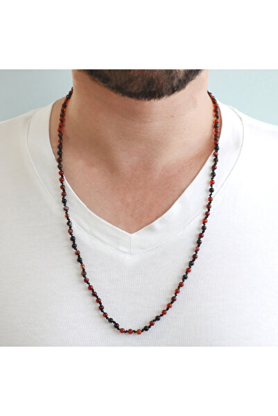 Tesbihane Red Macrame Braided Men's Necklace - Agate Natural Stone