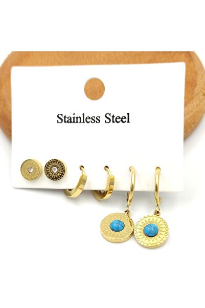 Güler Yüzlü Silver Steel Blue Stone Round Triple Earring Set
