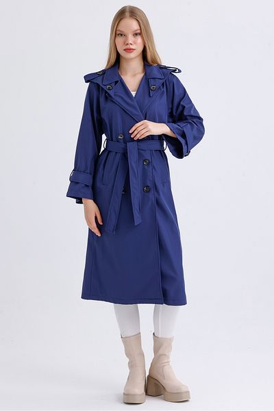 MD trend Women's Belted Collar and Sleeve Detailed Pocket Unlined Seasonal Double Breasted Trench Coat