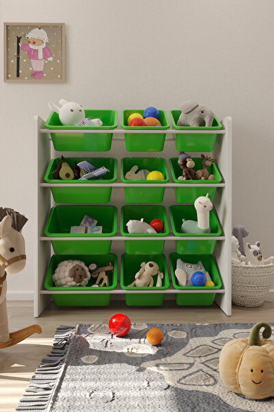 Flinder 12 Sepetli Yeşil Oyuncak Dolabı, Çok Amaçlı Dolap, Montessori Dolap