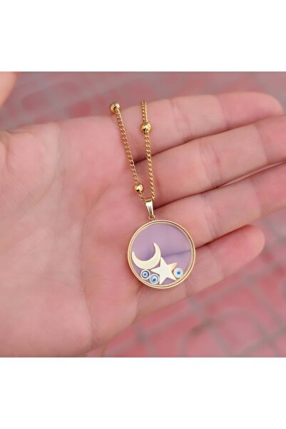 Güler Yüzlü Silver Fanus Moon Star Ball Chain Steel Necklace