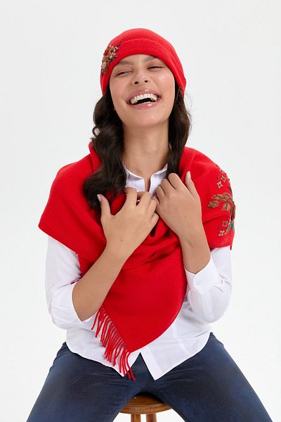 Desen Triko Daisy Flower Patterned Women's Wool Beret Coral