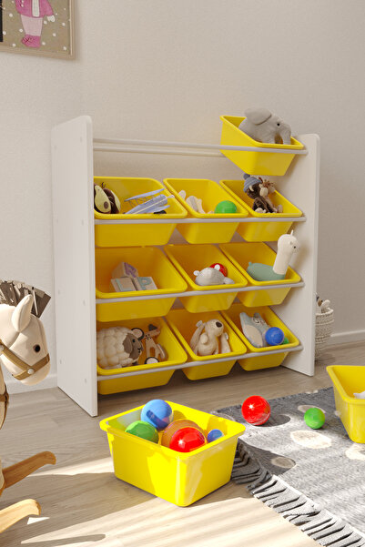 Flinder 12 Sepetli Sarı Oyuncak Dolabı, Çok Amaçlı Dolap, Montessori Dolap