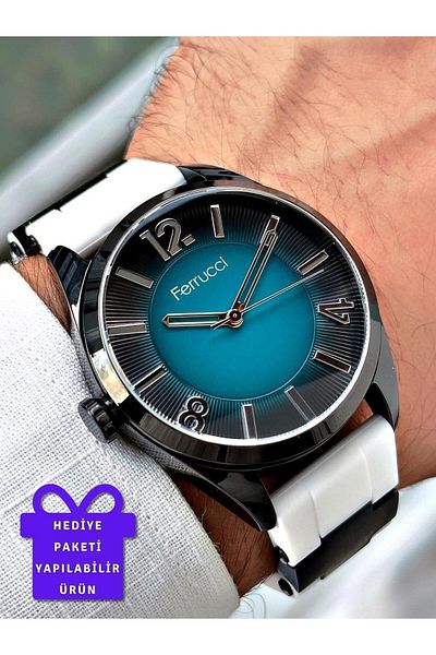 Ferrucci Turquoise Dial White Color Silicone Band Black Metal Case Men's Wristwatch (3 Atm Waterproof)
