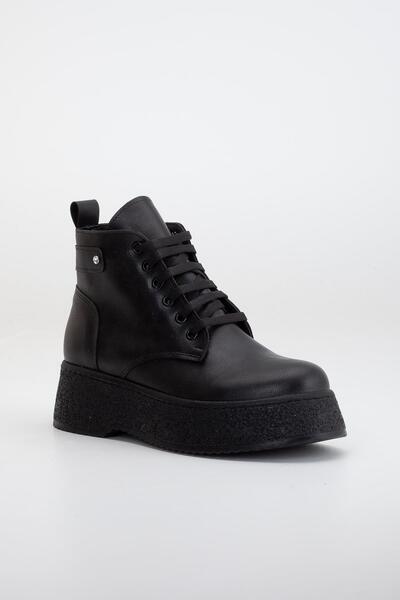 Dilimler Ayakkabı Γυναικείες μπότες Χοντρή σόλα Μαύρο δέρμα Lace Up