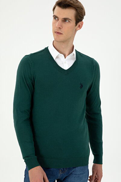 U.S. Polo Assn. Ανδρικό πουλόβερ με λεπτή εφαρμογή V-λαιμόκοψη σκούρο πράσινο Basic 50293512-VR079