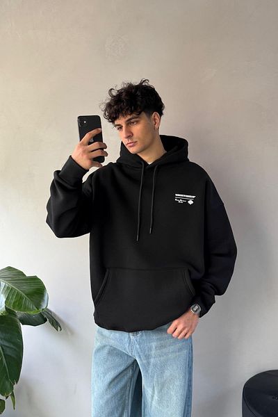 Flaw Wear Back Printed Minimal Embroidered Oversize Black Hoodie