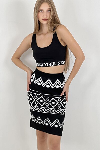 Miss Poem Women's High Waist Traditional Print Knee Length Black Knitwear Skirt