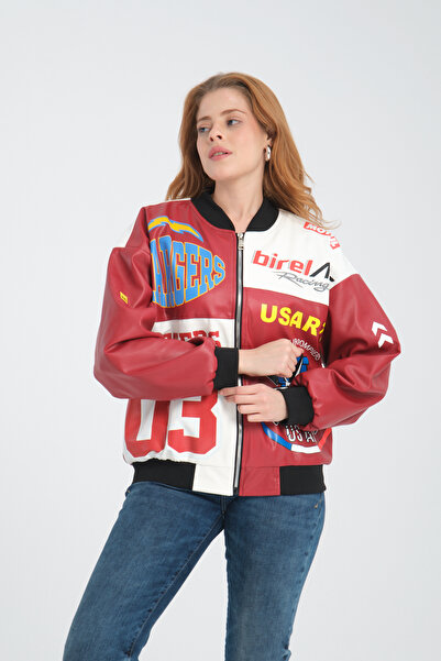 Black Level Oversize Women's Leather Coat - Racer Jacket with Zipper, Lining and Print