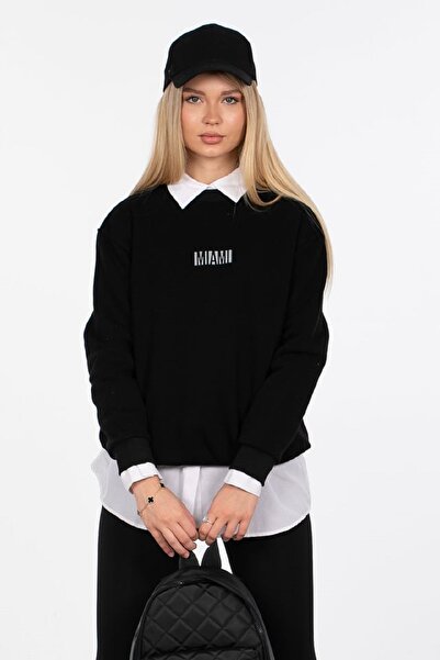 OIL PARK سويت شيرت نسائي أسود برقبة دائرية و3 خيوط مطبوع عليه ميامي