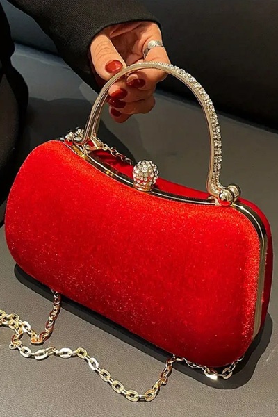 GUİZA Women's Velvet Red Fabric Evening Bag with Zircon Stone Evening Dress Stylish Bag Is an Elegant Design