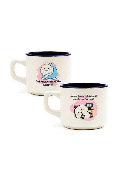 PALTO TASARIM Set of 2 White Venus Mug with Quby - Ceramic Gift Mug