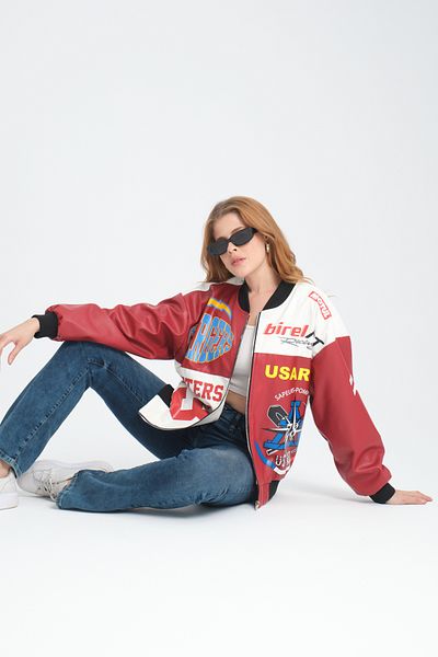 Black Level Oversize Women's Leather Coat - Racer Jacket with Zipper, Lining and Print