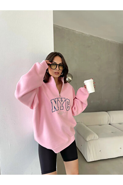 KAWEAR Hanorac cu fermoar cu 3 fire roz imprimat Nyc