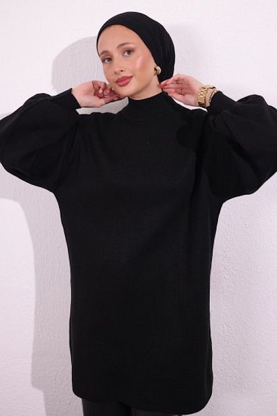 HİFADEN Women's Long Sleeve Hijab Knitwear Stylish Balloon Sleeve Long Style Tunic