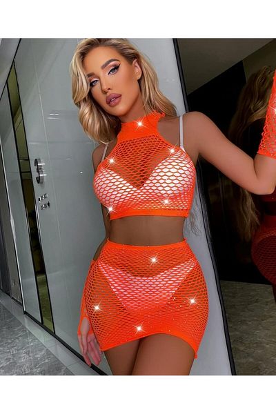 İntive Lingerie Neon roz/portocaliu plasă Vivaldy Stone Mănuși Fusta Crop Set/Șosete de corp