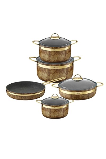 Brioni Royal Stone 9 Parça Yanmaz Yapışmaz Taş Dokulu Granit Tencere Seti Kap...