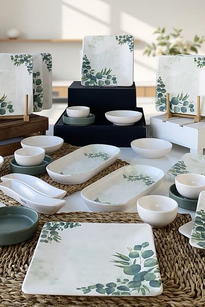 Keramika Eucalyptus 12-Person Breakfast Set - 28 Pieces, Square Design