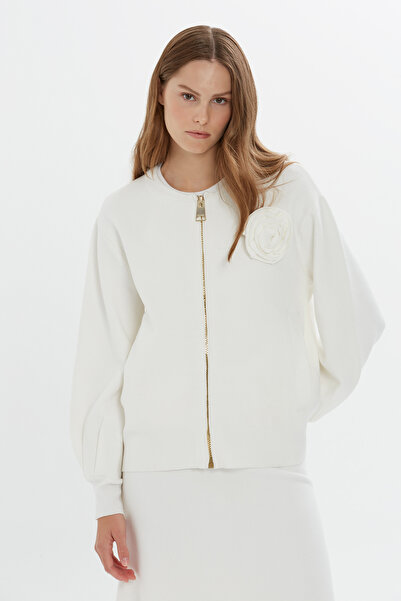 GİZİA Sol Yaka Çiçek Detaylı Uzun Kollu Ekru Triko Ceket
