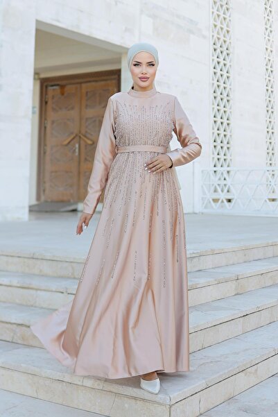 hakimoda فستان سهرة إسلامي من الساتان بلون الجمل مقاس كبير من يارين