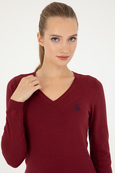 U.S. Polo Assn. Γυναικείο πουλόβερ βασικό μπορντό με λαιμόκοψη V 50293542 -VR014