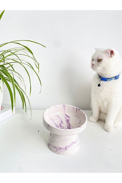 stilinbu Ceramic Cat and Dog Food Water Bowl (Purple White-Ebru Pattern-M2)