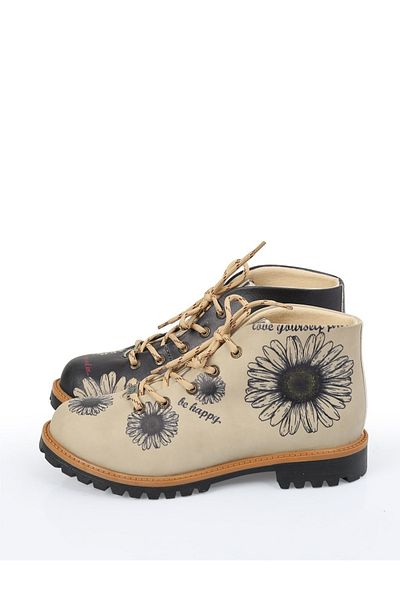 Goby Flower Pattern Printed Women's Black Cream Short Boots