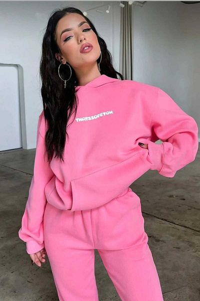 SKYLİGHT Women's Pink That so Fetch Printed 3 Thread Sweatshirt High Waist Jogger Tracksuit Set