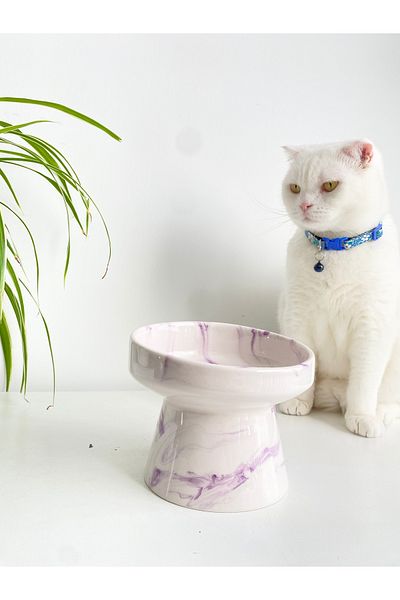 stilinbu Ceramic Cat and Dog Food Water Bowl (Purple White-Ebru Pattern-M2)