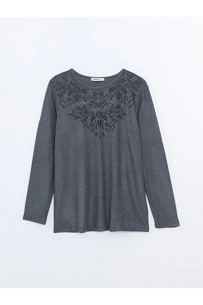 LC Waikiki Γυναικεία μπλούζα με σχέδιο LCW Grace Anthracite Melange Crew Neck