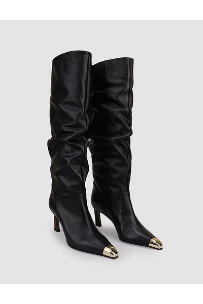 Cabani 100% Genuine Leather Black Drawstring Women's Heeled Boots