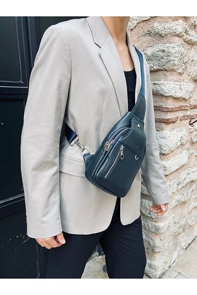 DERKON Genuine Leather Posedo Model Bodybag Shoulder and Chest Bag Navy Blue