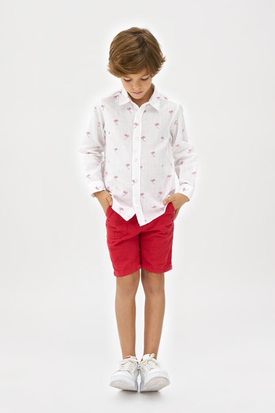 Panço Erkek Çocuk Palmiye Desenli Beyaz Gömlek