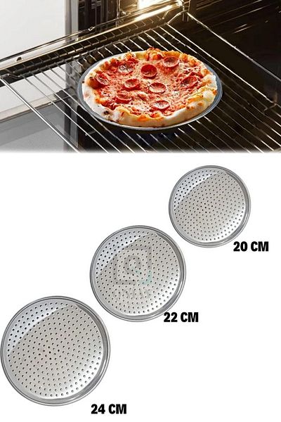 Kalsiyum Mood Set of 3 20*22*24 cm Cooking Non-Stick Steel Perforated Pizza Tray - Compatible with Stove Oven