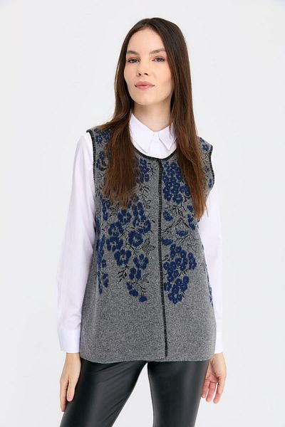 Desen Triko Smoke Colored Women's Wool Vest - Null Collar, Puppy Flower Pattern