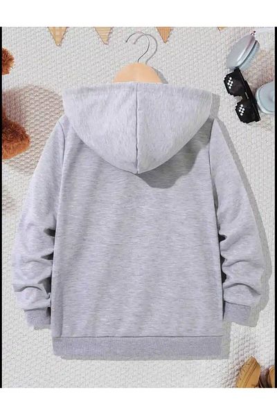 MORNİNG KİDS Boy Gray? Hooded Raised Soccer Football Printed Zippered Cardigan