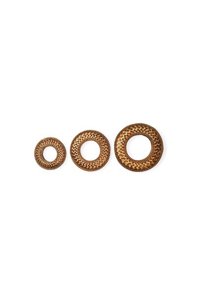 Peramari Dekoratif Polyester Yuvarlak Hasırlı Üçlü Ayna Takımı Gold Eskitme
