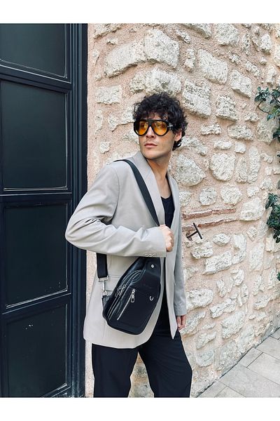 DERKON Black Genuine Leather Posedo Model Bodybag - Shoulder and Chest Bag