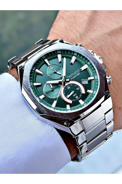 Ferrucci Green Dial Silver Color Steel Band Men's Wrist Watch (2 Years Warranty, Waterproof)